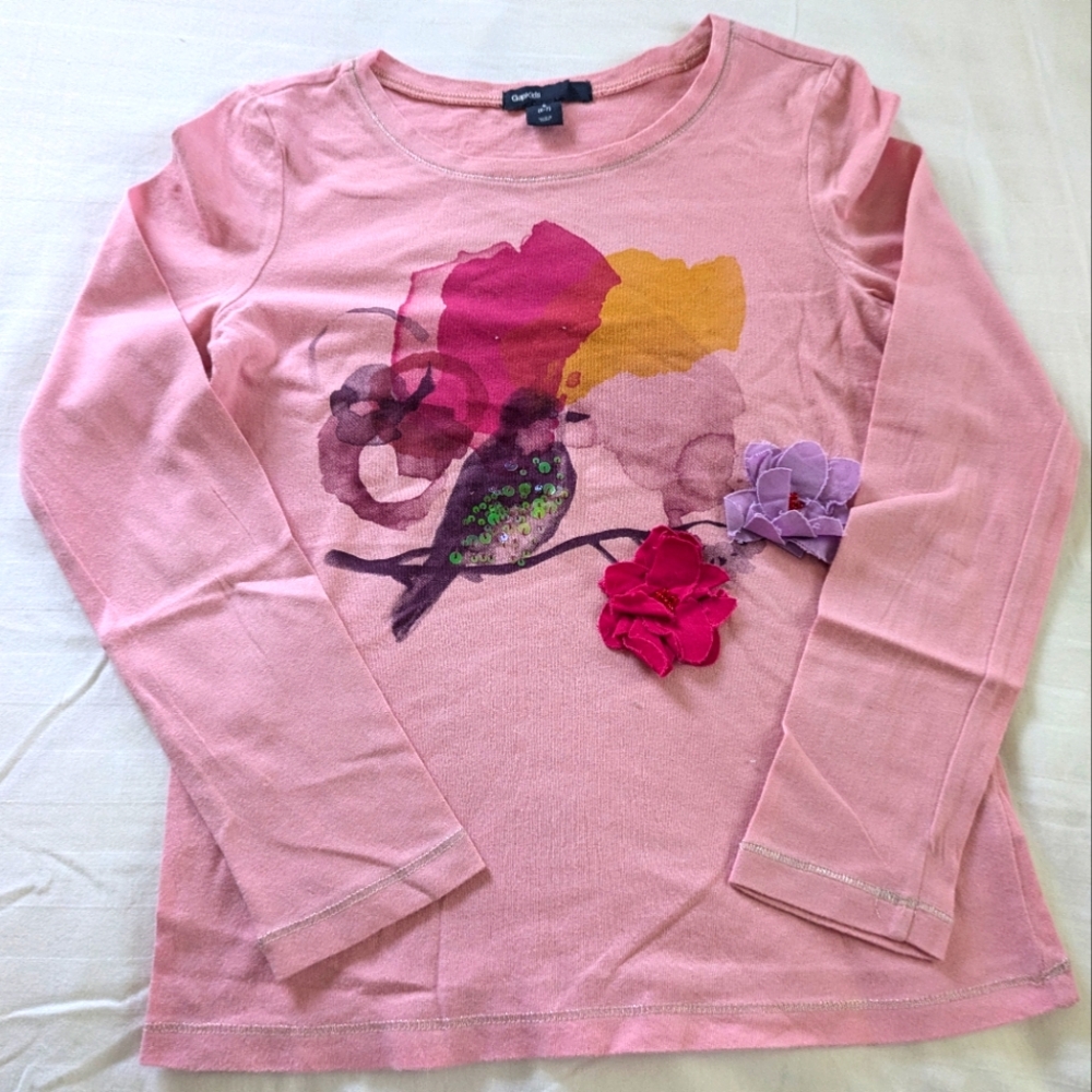 GapKids long sleeve pink shirt with bird and flower sequins crew neck
